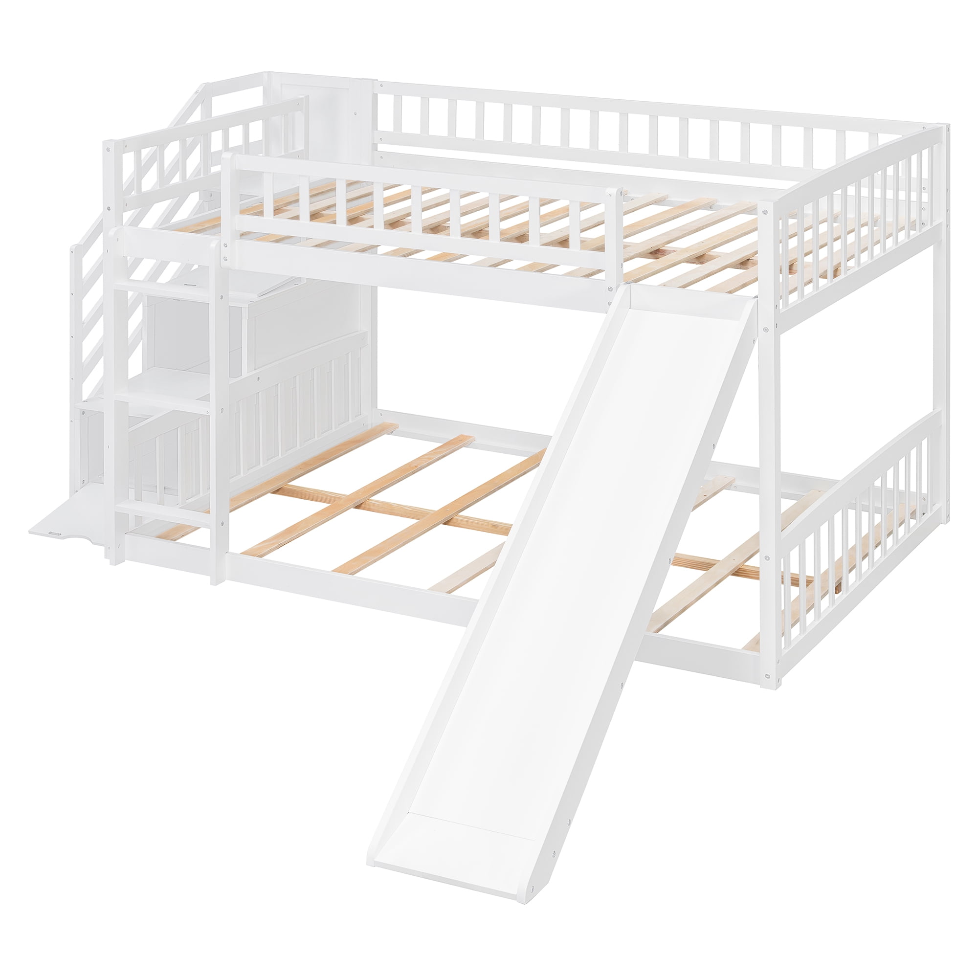 Mintazer Full Over Full Bunk Bed with Storage Staircase & Convertible Slide, Kids Bunk Bed Frame with Guardrails & Ladder, No Box Spring Needed, White