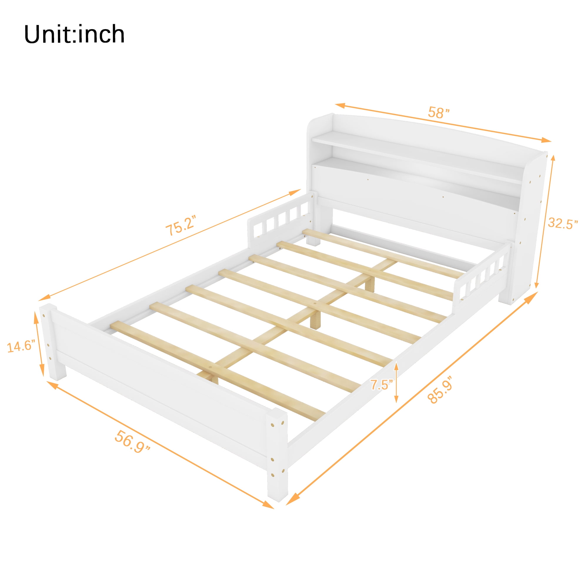 Leumius Full Pine Wood Bed with Bookcase Headboard, LED Motion Sensor Light, Guardrails for Boys Girls White