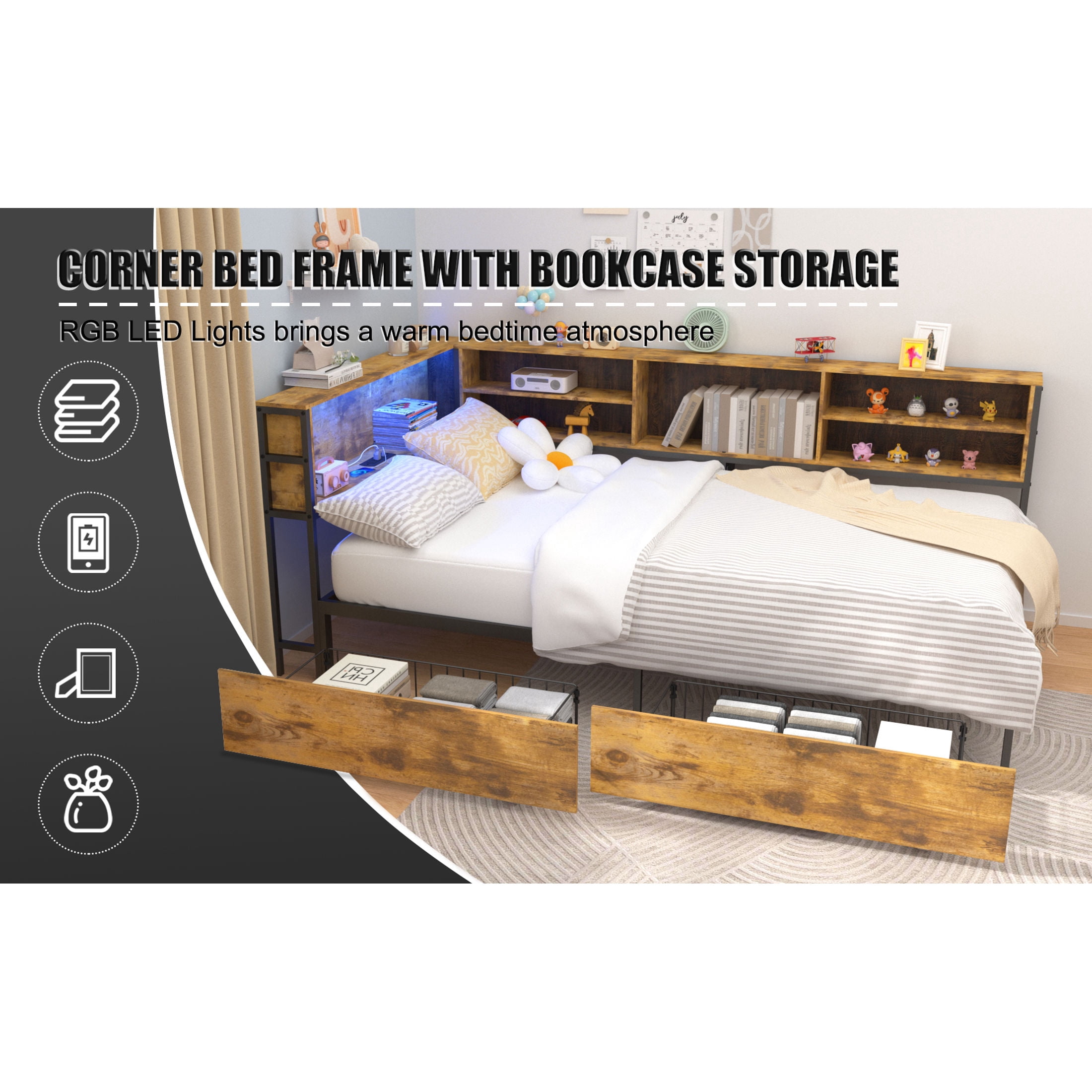Noble House Arlais Full Corner Daybed with Bookcase Headboard, Storage Drawers, LED Light & Charging Station, Brown