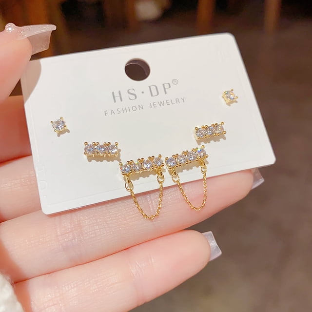 Pendientes cortos con microincrustaciones de circonitas y aguja de plata S925, pendientes de pelo corto, pendientes elegantes japoneses y coreanos de tres piezas, sencillos y combinables para mujer