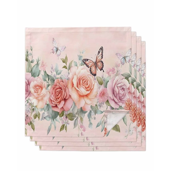 Hokiten Kitchen Dinner Napkins Set of 4 Pink Roses Blossom Cloth Napkins Reusable Washable Table Napkins for Weddings Cocktail Parties Holiday Table Decor 20x20 Inch