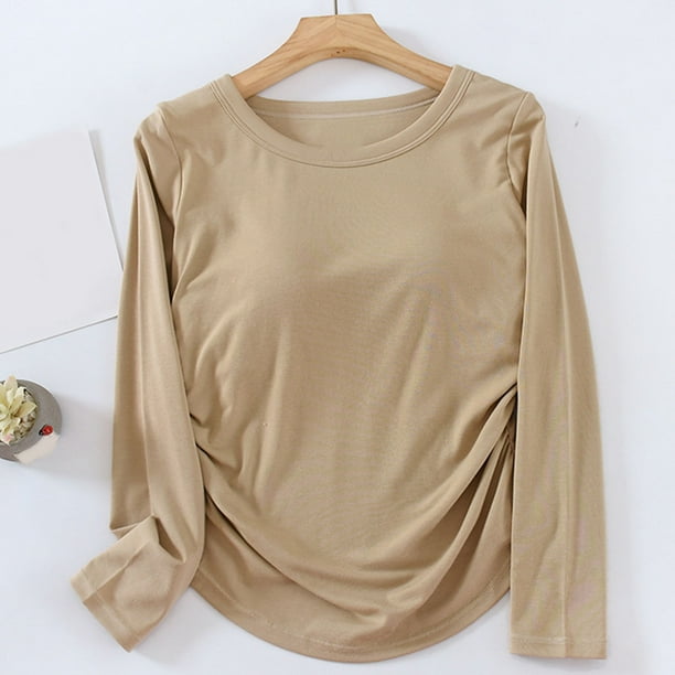 Pijama de manga larga para mujer, blusa de poliéster, color liso, cuello redondo, manga larga, con sujetador acolchado en el pecho