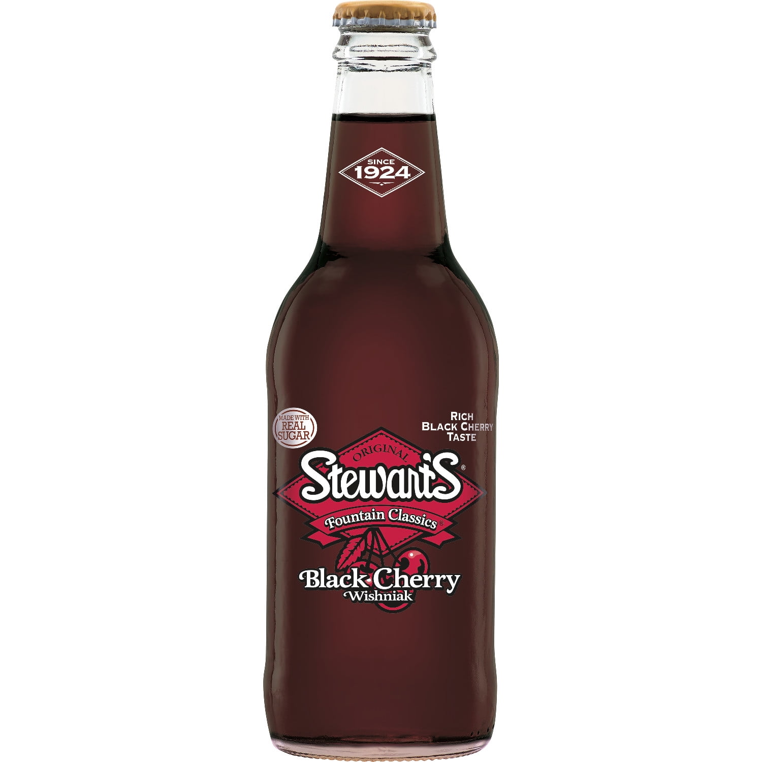 Stewart's Black Cherry Wishniak Made with Sugar, 12 fl oz glass bottles, 4 Pack