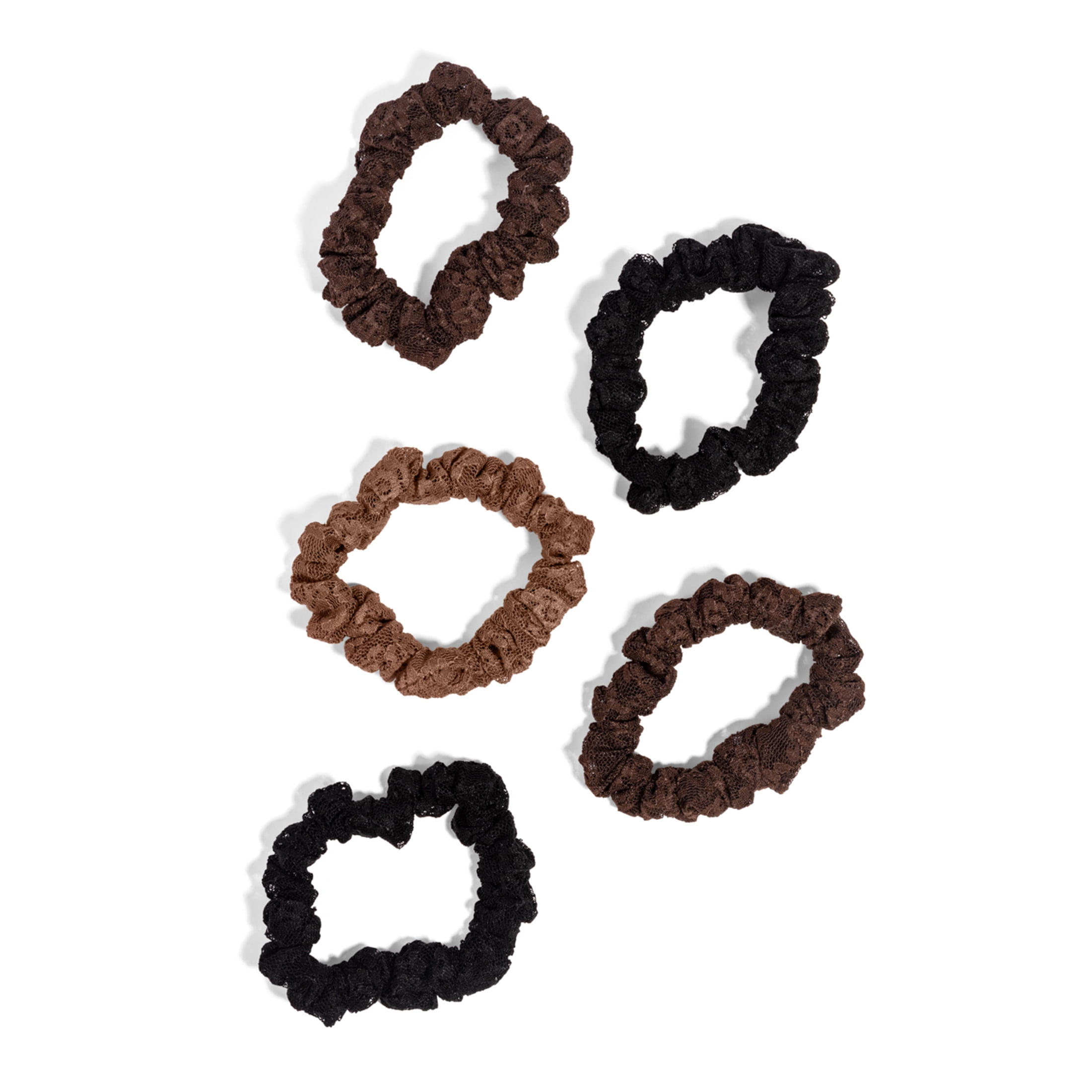 Ruched Lace Scrunchies 5pc Set - Black, Chocolate & Mocha