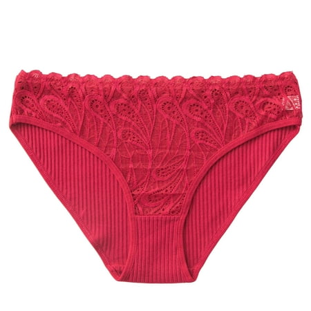 opvise Mid-rise Elastic Waistband Ribbed Seamless Women Briefs Solid Color Lace Stitching Panties Black L