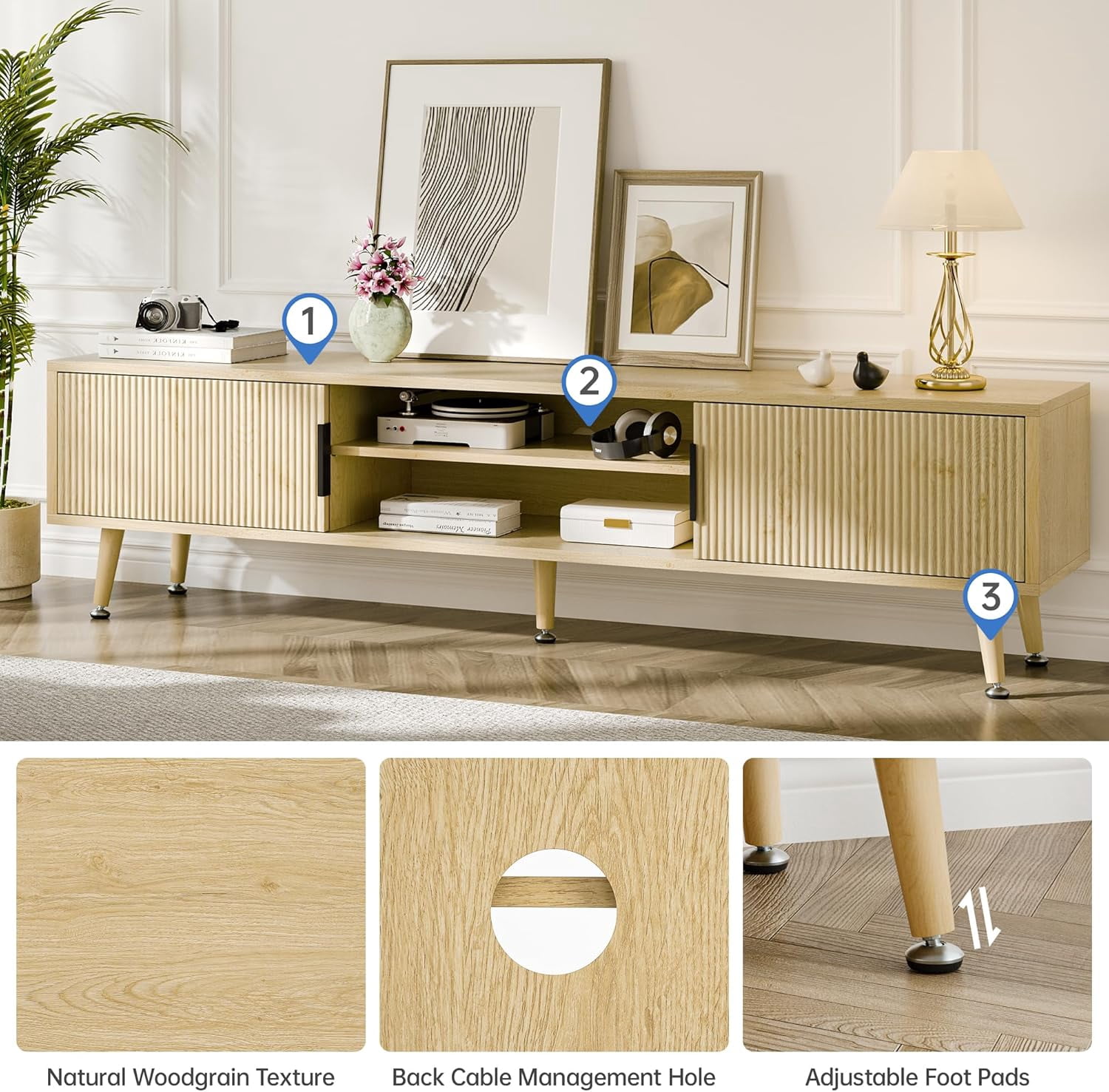 PulseFay Mid Century TV Stand, Modern TV Console for TVs up to 70 Inches, Entertainment Center with Storage, TV and Media Consol, (Natural Oak)