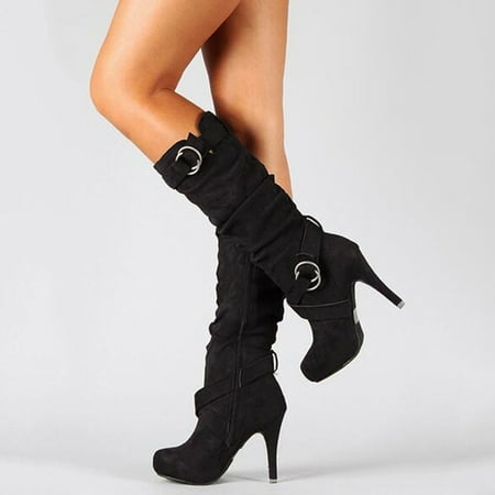 

Long Boots Knee-High Heel Boots For Women s Flat Mid-calf Boots Retro Shoes Leather Warm Boots