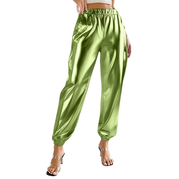 Daiosportswear women's Metallic Shiny Jogger Pants Breathable Party Night Club Disco Trousers,Pants for Women Green S(S)
