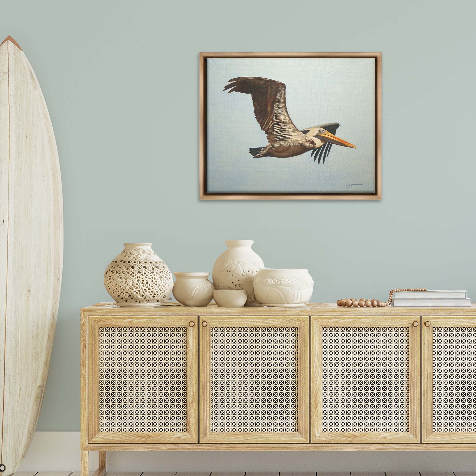Stupell Industries Brown Pelican in Flight Animals & Insects Painting Brown Floater Framed Canvas Art Print Wall Art, 31 x 25