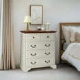 thumbnail image 2 of PORKISS 5 Drawer Dresser for Bedroom, Wood Chest of Drawers with Metal Handle, Farmhouse Modern Storage Cabinet Dresser Organizer for Living Room, Closet, Hallway, White+Brown, 2 of 10