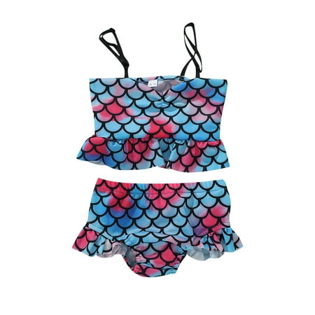 

Sunisery Toddler Kids Girls Bikini Set Summer Swimsuit Sleeveless Strap Tops+Fish Scale Print Shorts Outfits Beachwear Blue 2-3 Years