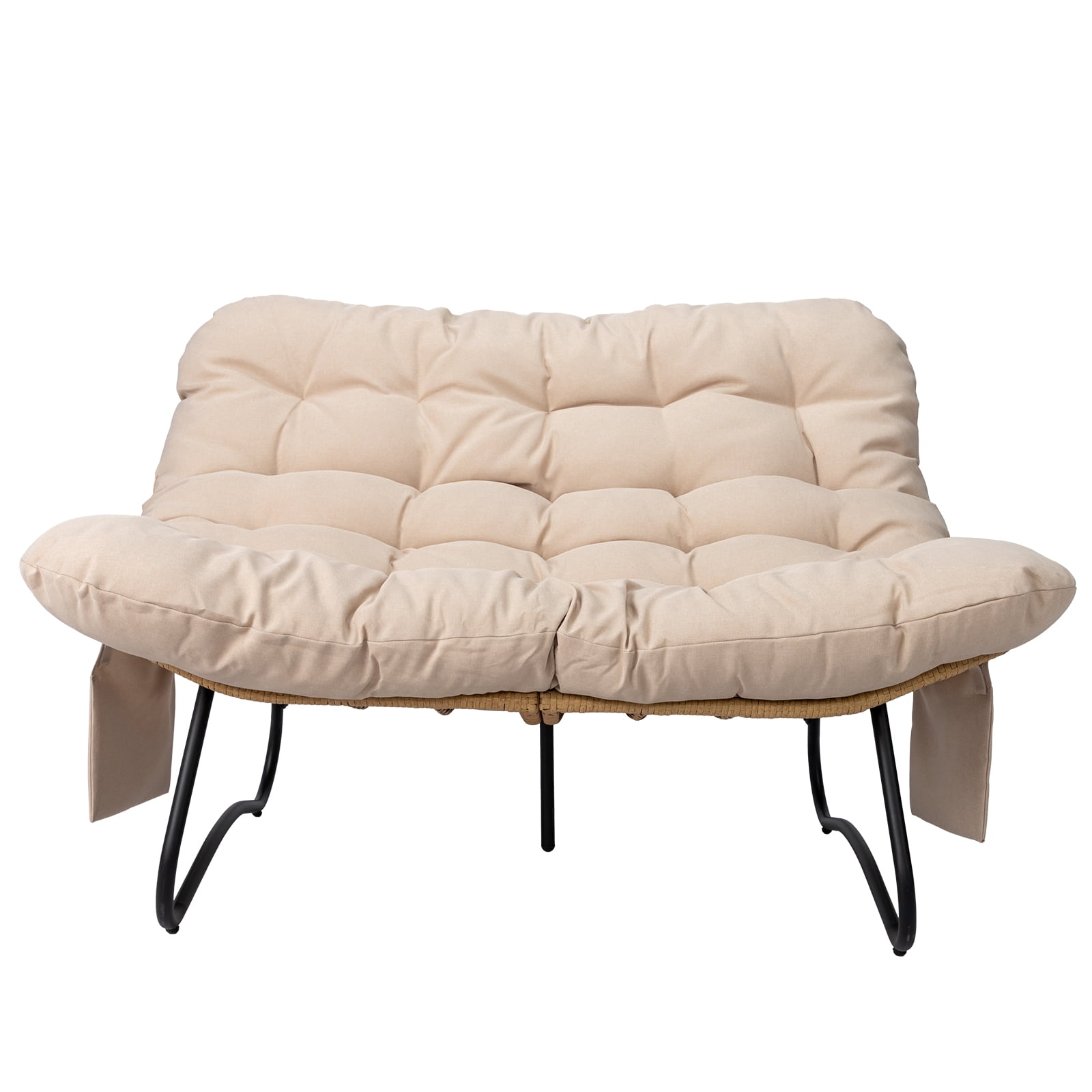 2-Seater Curved Wicker Loveseat with Magazine Pockets & Beige Cushion, 133x94x87cm