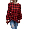 thumbnail image 1 of Blouse à Carreaux pour Femmes, Col Rond, Manches Longues Lanterne, 1 of 5