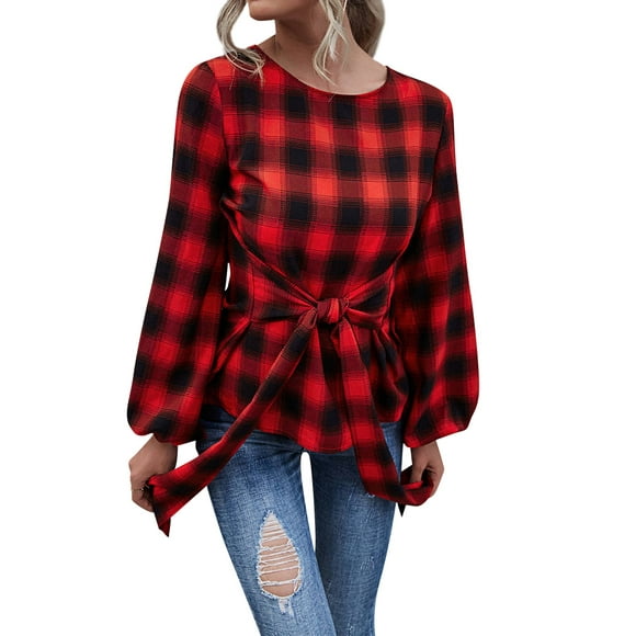 Women Checkered Tie Waist Round Neck Lantern Long Sleeves Blouse