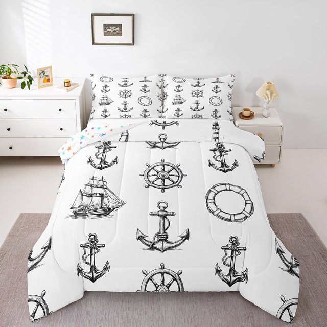 Erosebridal Nautical Anchor Lighthouse Comforter Sets King Size, Sailboat Rudder Comforters & Duvets, White Gray Decor, Reversible 3-Piece