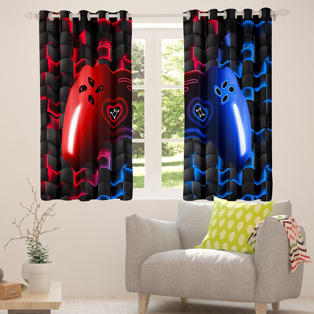 Gaming Window Curtains Bedroom 38"Wx45"L 30%-50% Blackout Curtains 3D Geometric Gamer Curtains & Drapes,Game Console Window Treatments 2 Panels,Neon Red Blue Black