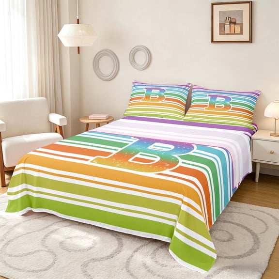 Manfei Rainbow Stripe Monogram Queen Sheets, Glitter Letter B Queen Sheet Sets, Multicolor White, Polka Dots Reversible 4-Piece1 Flat Sheet 1 Fitted Sheet 2 Pillowcases
