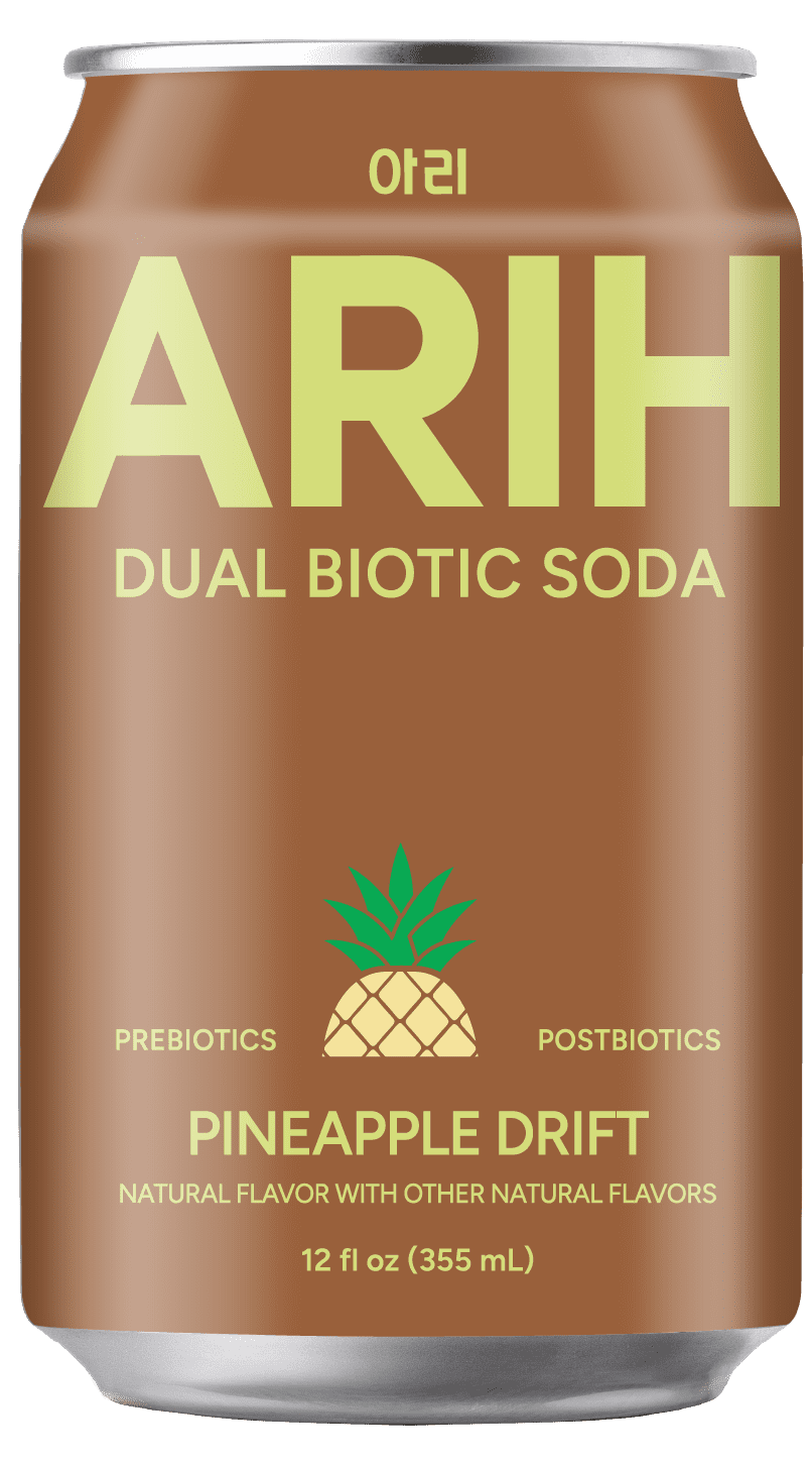 ARIH Dual Biotic Soda, Functional Prebiotic and Postbiotic Soda, Low Sugar, Pineapple Drift, 12 fl oz, 4 Pack