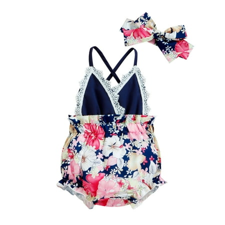 

MPWEGNP Girls Sleeveless Lace Backless Romper Toddler Floral Printed Suspenders Jumpsuit Headbands Set Baby Romper for Baby Girl Outfit 12 18 Months