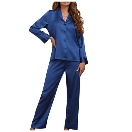 

BIZIZA Women Pajama Set Long Sleeve 2 Piece PJ Sets Loungewear Sleepwear Top and Pant Soft Royal Blue M