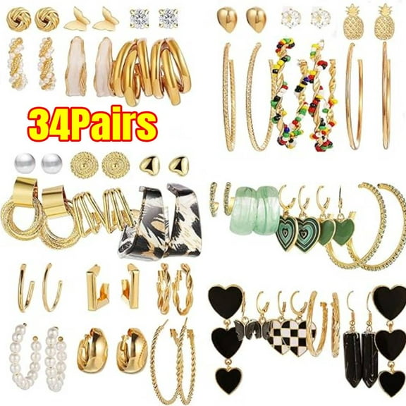 34 Pairs Gold Hoop Earrings Set for Women, Fashion Drop Dangle Earring Packs Black Hearts Earrings
