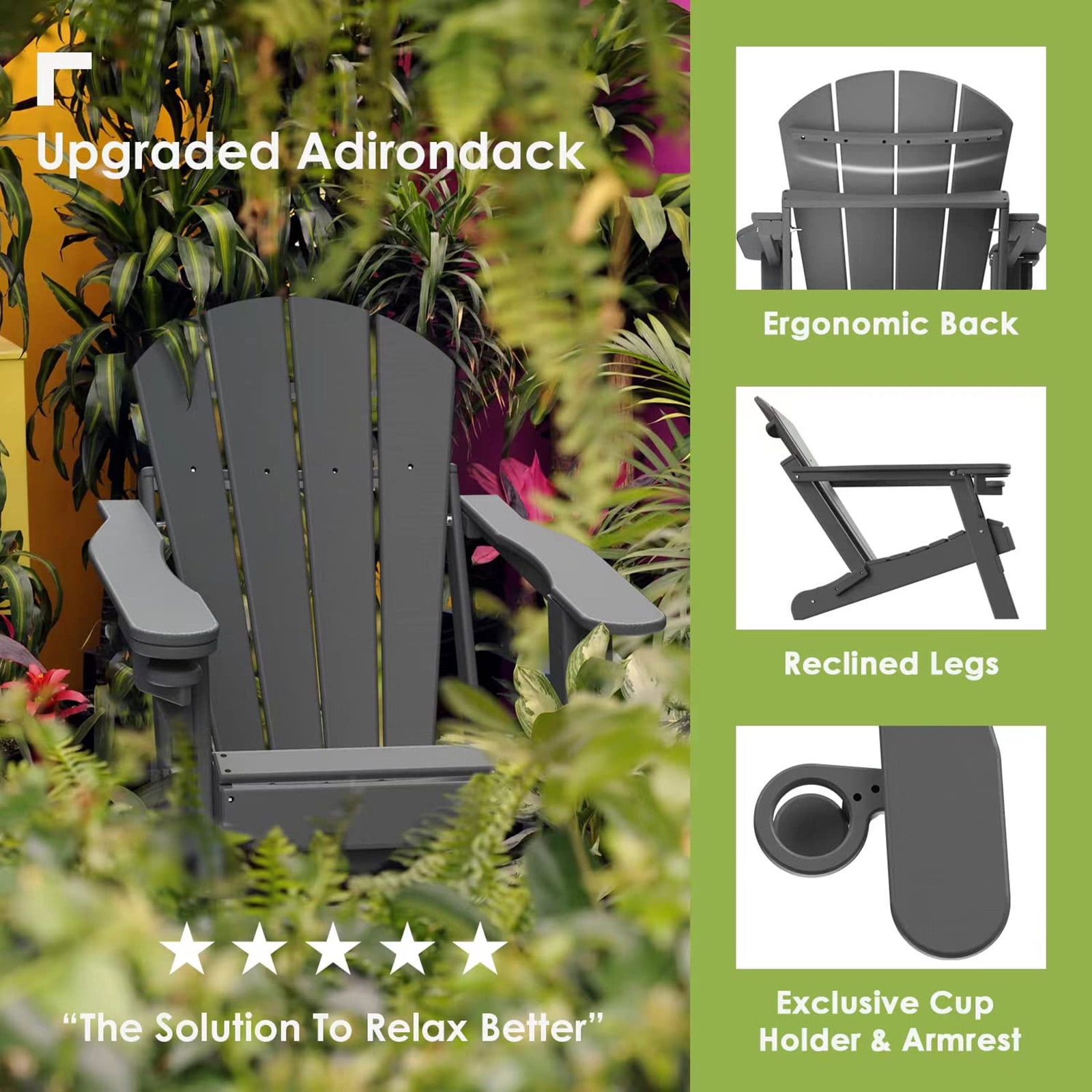 Tappio Foldable HDPE Adirondack Chair, Patio Seat All Weather Outdoor Patio Chair with Cup Holder for Lawn Yard Fire Pit, Wooden Textured, Gray