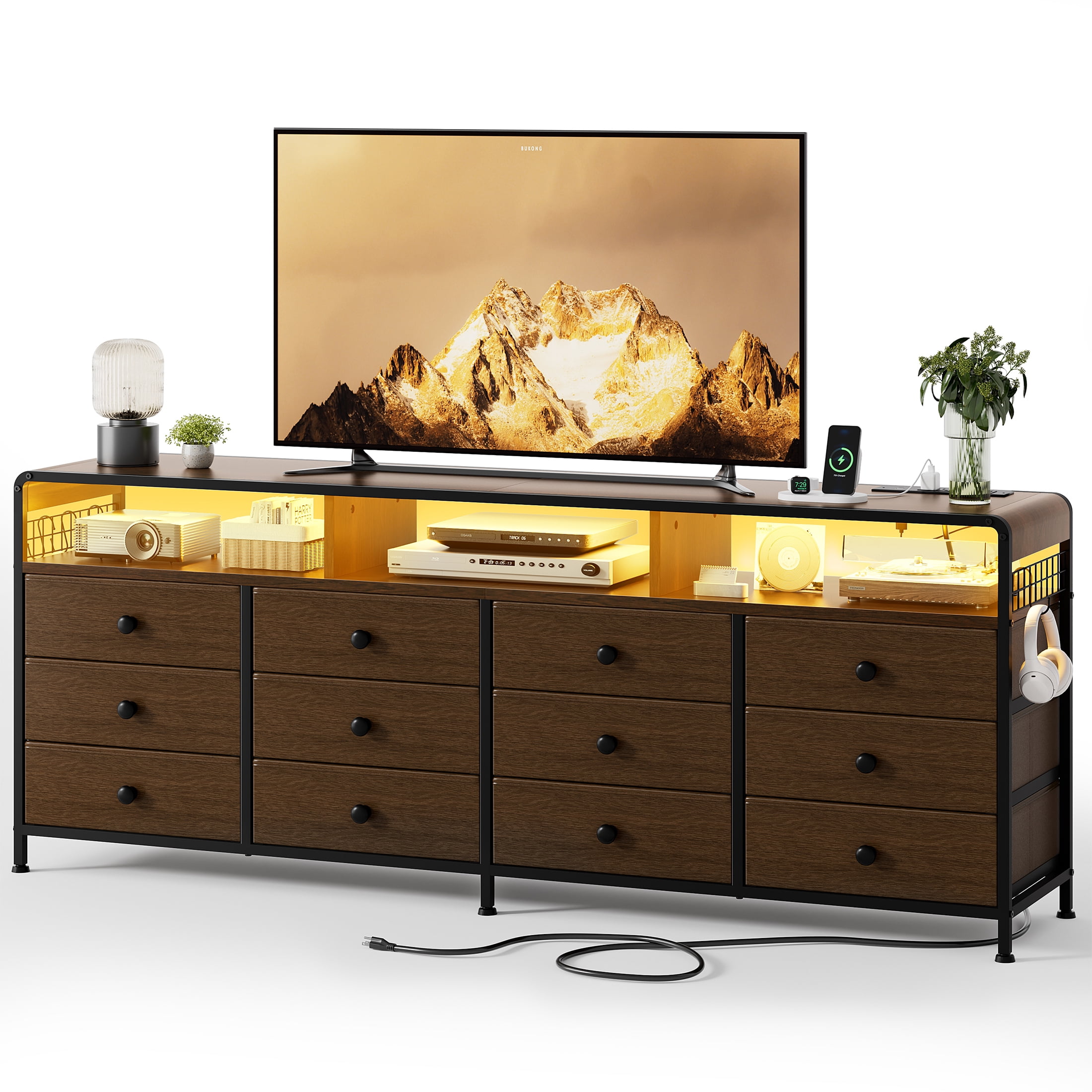 GUNAITO TV Stand for TVs up to 75", Big TV Stand with 12 Fabric Drawers and LED Lights, Entertainment Center with Storage and Shelves for Living Room, Dark Brown