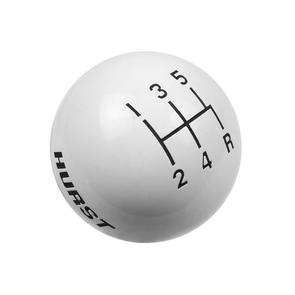 Hurst Manual Trans Shifter Knob 1630025 Threaded; SAE 3/8-16; Round With 5 Speed Pattern/Hurst Logo; White; High Strength Plastic; Jam Nut