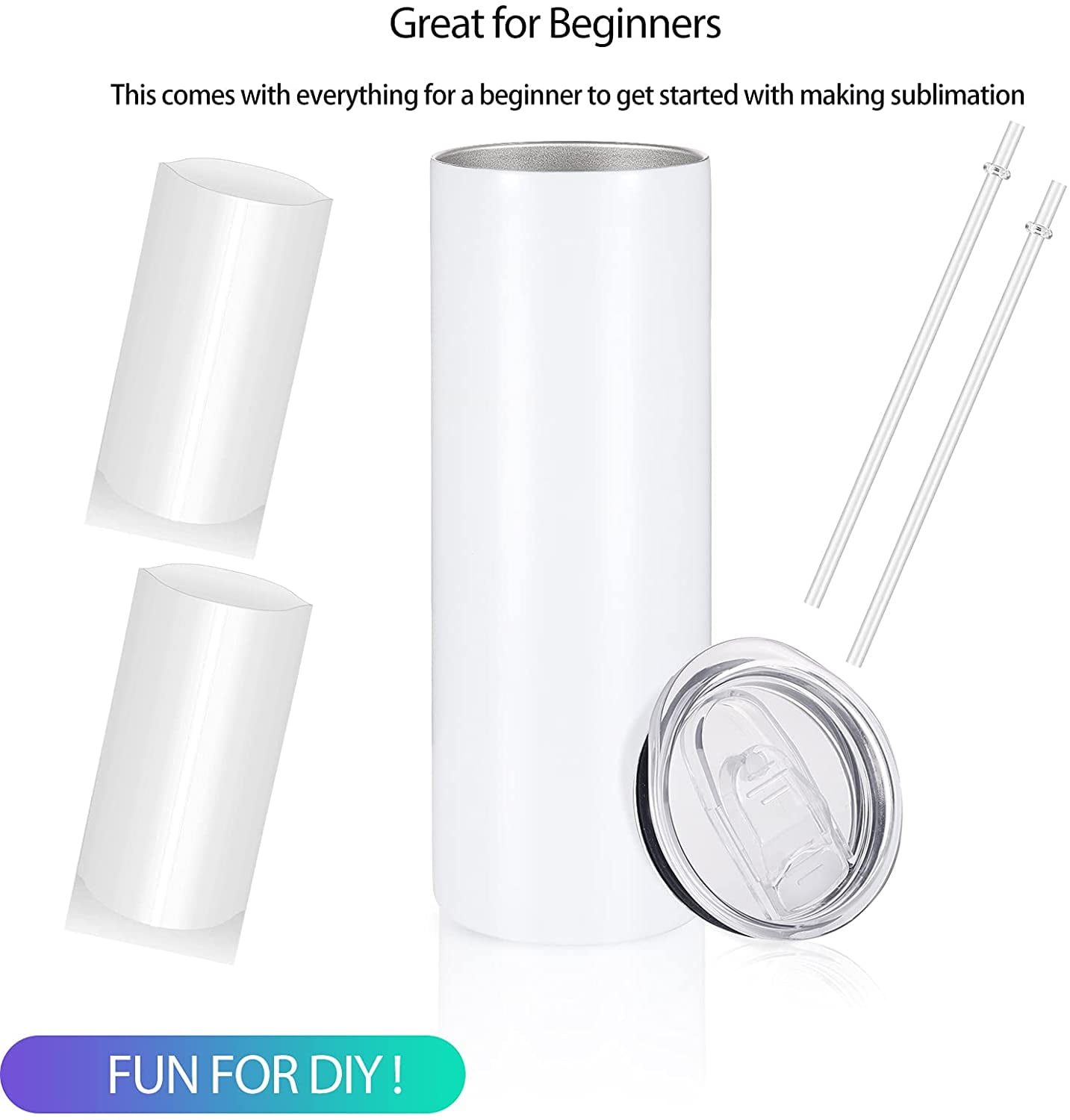 Sublimation Skinny Tumbler Straight Blank White 20oz - Sublimation Tumblers for Heat Transfer, Stainless Steel Coffee Cup with Shrink Wrap Sleeve & Heat Tape | Vinyl DIY Gifts, 6 Pack