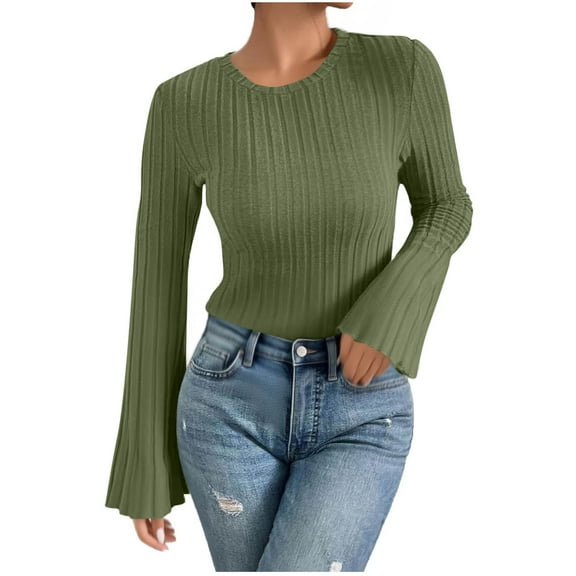Women's Bell Sleeve Crop Tops, Dressy Casual Crewneck shirts, fall warm Ribbed Fitted Shirts