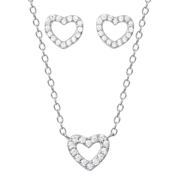 Brilliance Fine Jewelry Women's Sterling Silver Heart Necklace & Earring Set with Cubic Zirconia