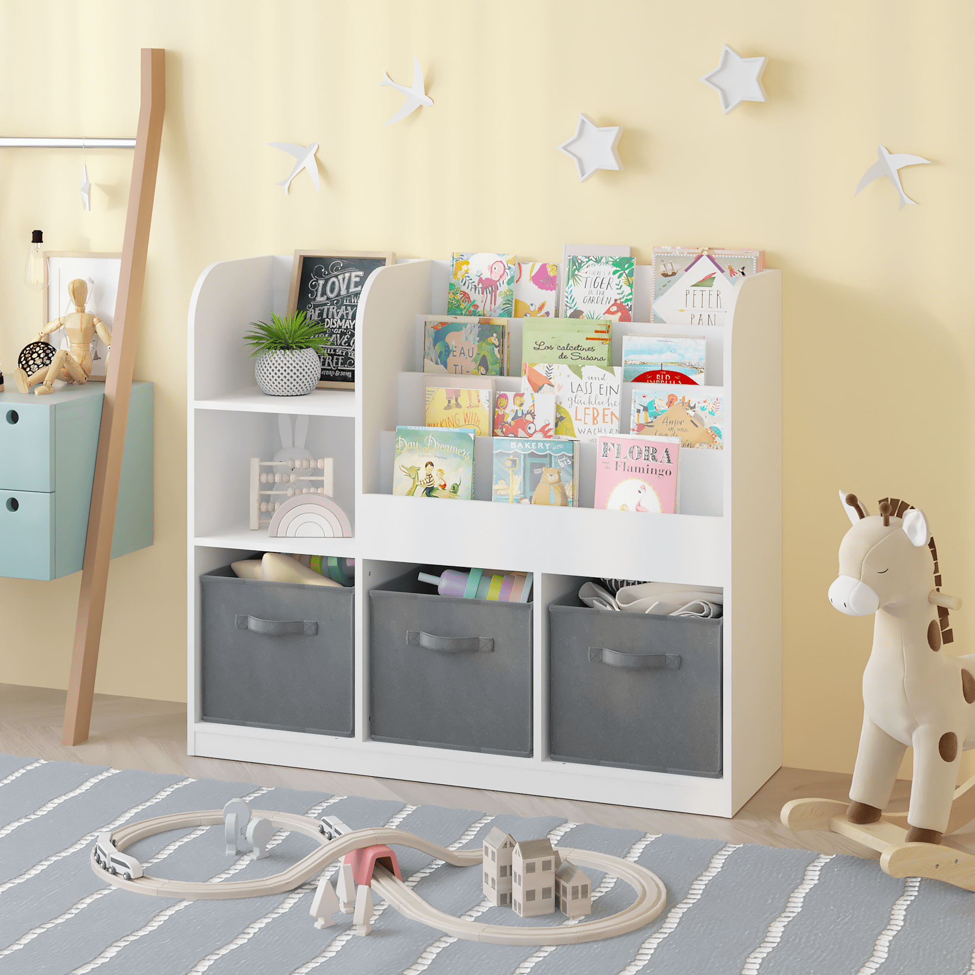 Jopath Kids Toy Organization Cubby Bookcase with 3 Fabric Drawers,Bookcase Display Stand for Bedroom, Playroom,Gray02