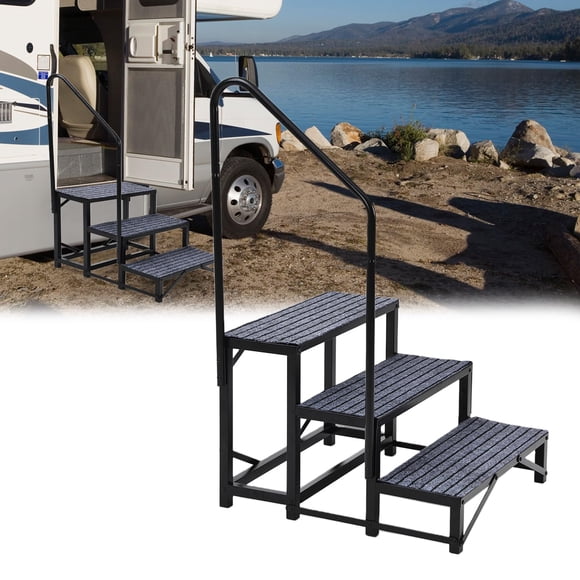 QinaQin Marches pour VR avec Main Courante, Escalier Portatif en Aluminium à 3 Marches avec Treillis Antidérapant pour Remorque, Spa Ou Patio