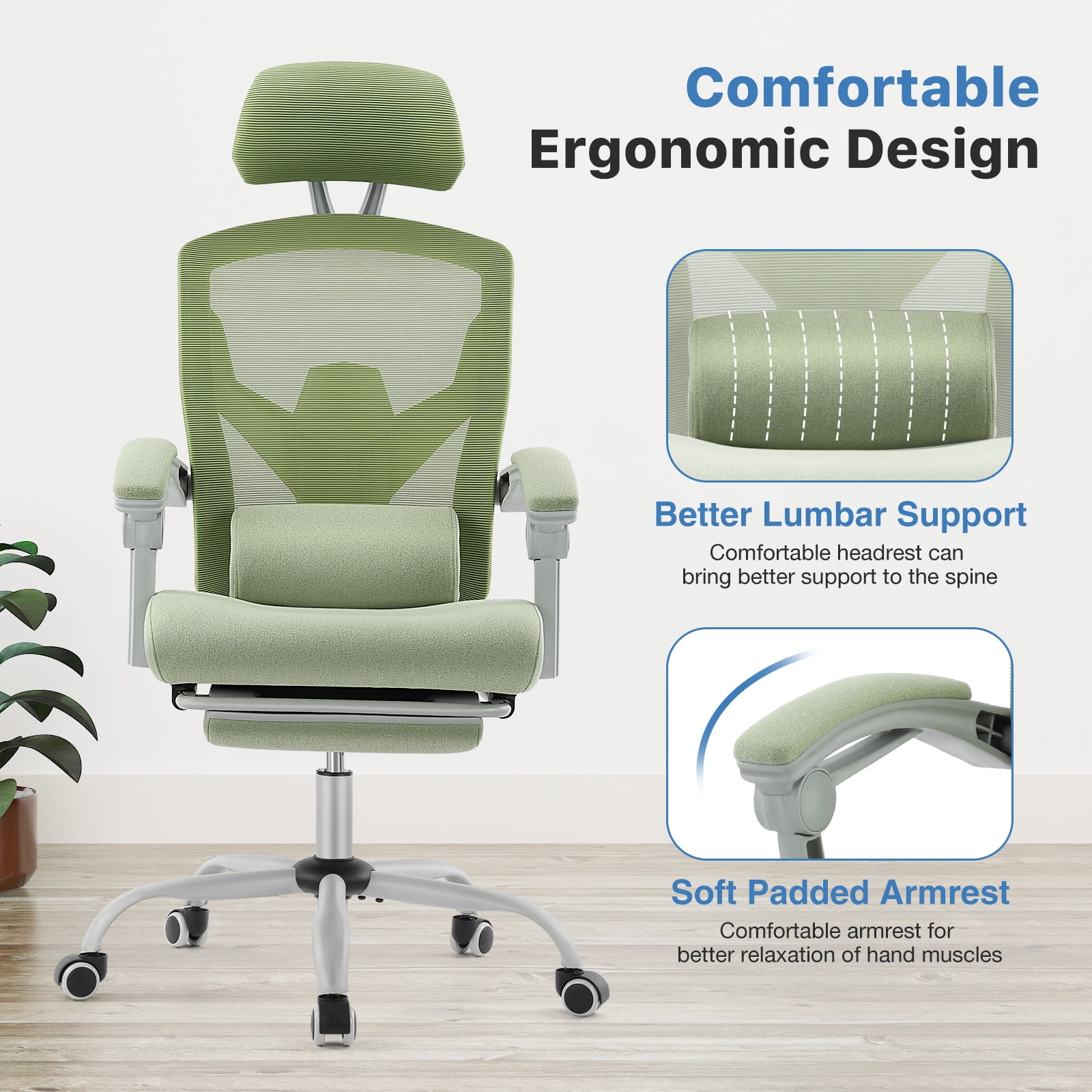 CONCETTA Ergonomic High Back Mesh Office Chair with Footrest and Armrests, Adjustable Lumbar Support, Headrest, and Reclining, Swivel Rolling Desk Chair for Home and Computer Tasks, Green