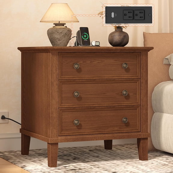 Solid Wood Nightstand with 3 Drawers, Tall Leg Bedside Table with Charging Station, Farmhouse Night Stand with Wood Slide Rail, Anti-Scratch Foot Pads for Bedroom,Walnut