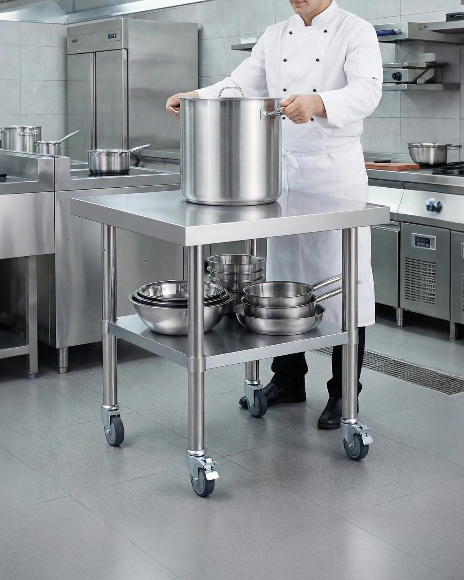 Stainless Steel Work Table with Wheels, Heavy-Duty Commercial Prep Table with Detachable Backsplash & Adjustable Undershelf for Restaurant Garage - 24x36 Inch