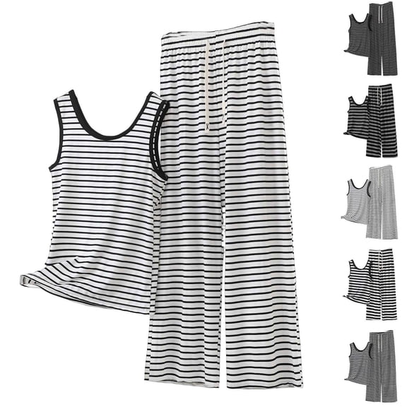 Akafmk Women's Striped Pajama Set Crew Neck Sleeveless with Long Pants Casual Loungewear Set, 2-Piece, Sizes L
