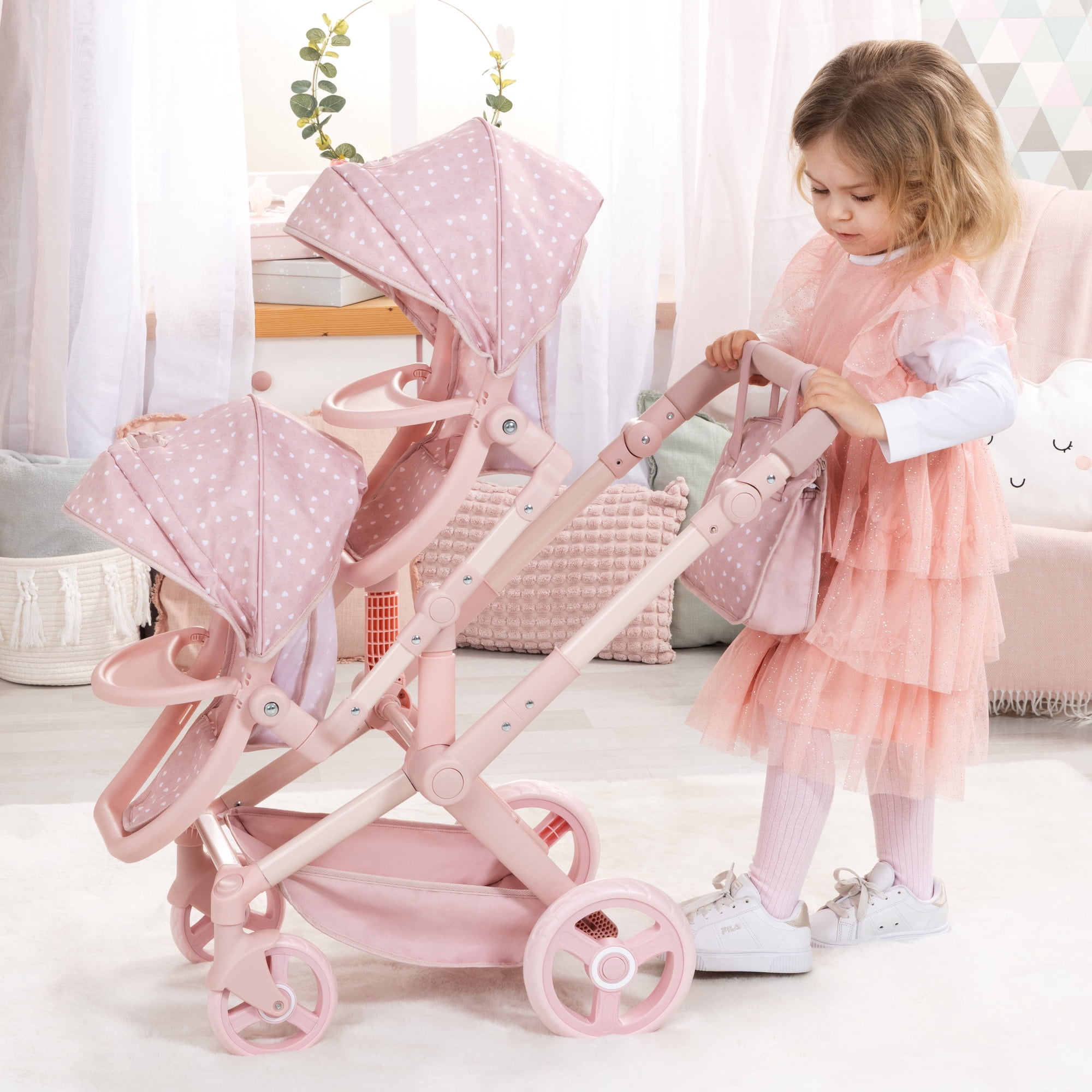 Bayer Design: Doll Pram Xeo Twin - Soft Pink & Polka Dot - Push Stroller, 2 Adjustable Seats & Handle, Handbag, Toy Accessory Fits 18" Dolls, Kids 3+