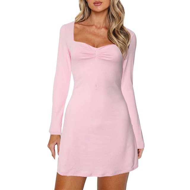 Gibobby Vestido de manga larga Vestido con abertura lateral plisado de manga larga con cuello cuadrado de color sólido para mujer(Rosa,CH)