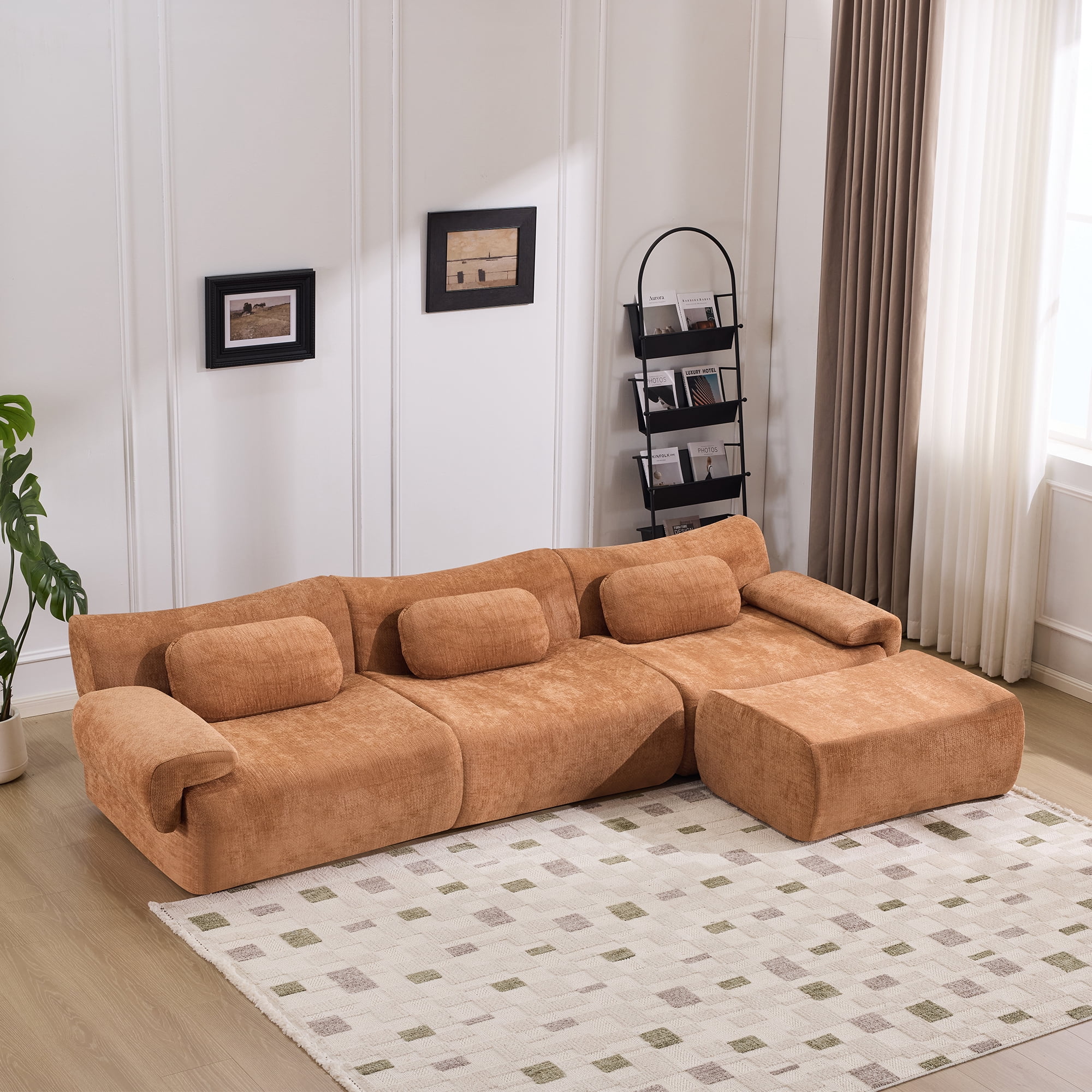 Gewnee 107.9"Modular Sectional Sofa,Upholstered Cloud Couch with Deep Seat & Ottoman,L-Shaped Chenille Sofa for Living Room.Orange