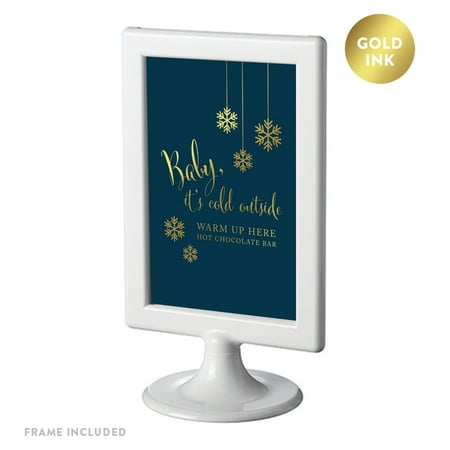 Metal Art For Outside Framed Party Signs, Navy Blue with Metallic Gold Ink, 4x6-inch, Baby It's Cold Outside, Warm Up Here ()