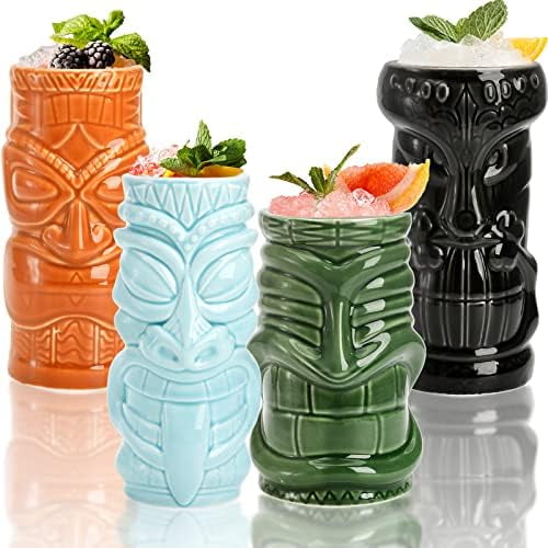 4 Pack Ceramic Tiki Mugs, Hawaiian Party Mugs, 20/18/16 Oz Exotic Cocktail Glasses, Tiki Drinking Tumbler Cups for Mai Tai, Pina Colada, Tiki Bar Professional Barware$$Home Decor, Kitchen, & Other
