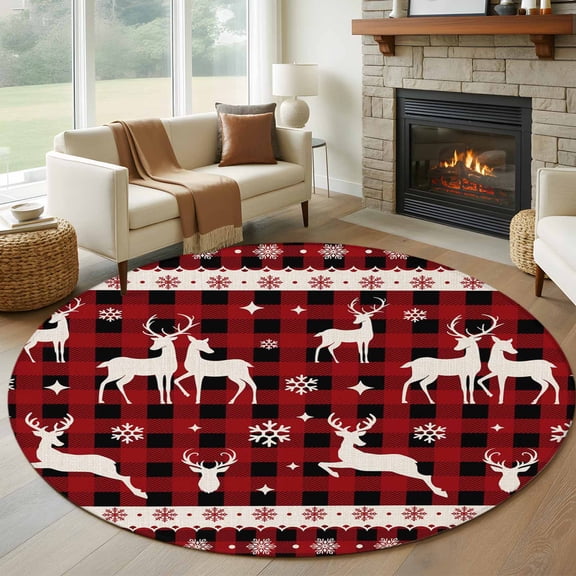 Christmas Deer, Round Area Rug 5 FT, Non Slip Bedroom Area Rug, Reindeer Winter Xmas Snowflake Plaid Red Washable Soft Circular Carpet Floor Mat for Kitchen Dining Room Foyer Balcony Dorm