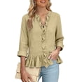 thumbnail image 4 of Yrmaups Women Plus Size 3/4 Sleeve Ruffle Blouse, Summer V Neck Button Down Casual Top, Office Daily Wear Soft Flowy Peplum Shirt, Khaki 3XL, 4 of 6