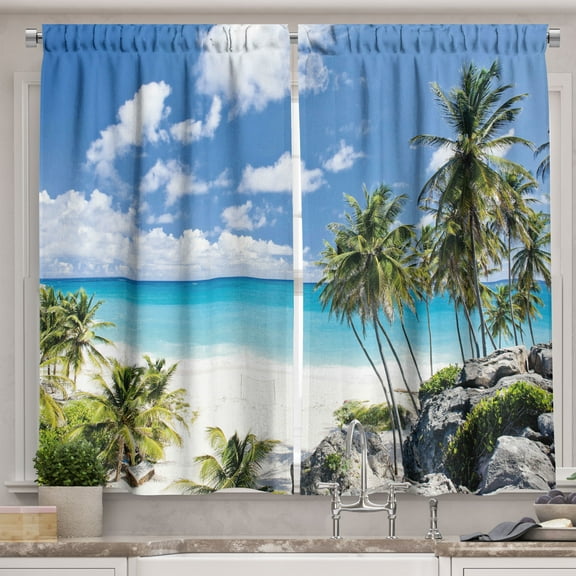 Ambesonne Tropical Kitchen Curtains, Barbados Beach Ocean, 55"x39", Multicolor
