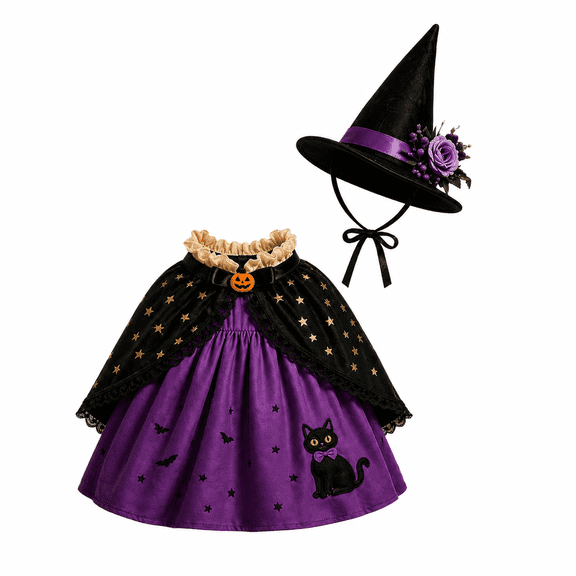 Purple Halloween Porch Goose Outfit for 23-Inch Lawn Goose Statue, Black Cat Witch Dress and Pointed Hat Set, Porch Decor, Statue Not Included