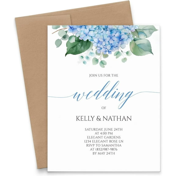 Blue Hydrangea Wedding Invitations With Flowers, Watercolor Floral Wedding Invites With Envelope, Marriage Celebration Invitations For Weddings, Your Choice of Quantity and Envelope Color
