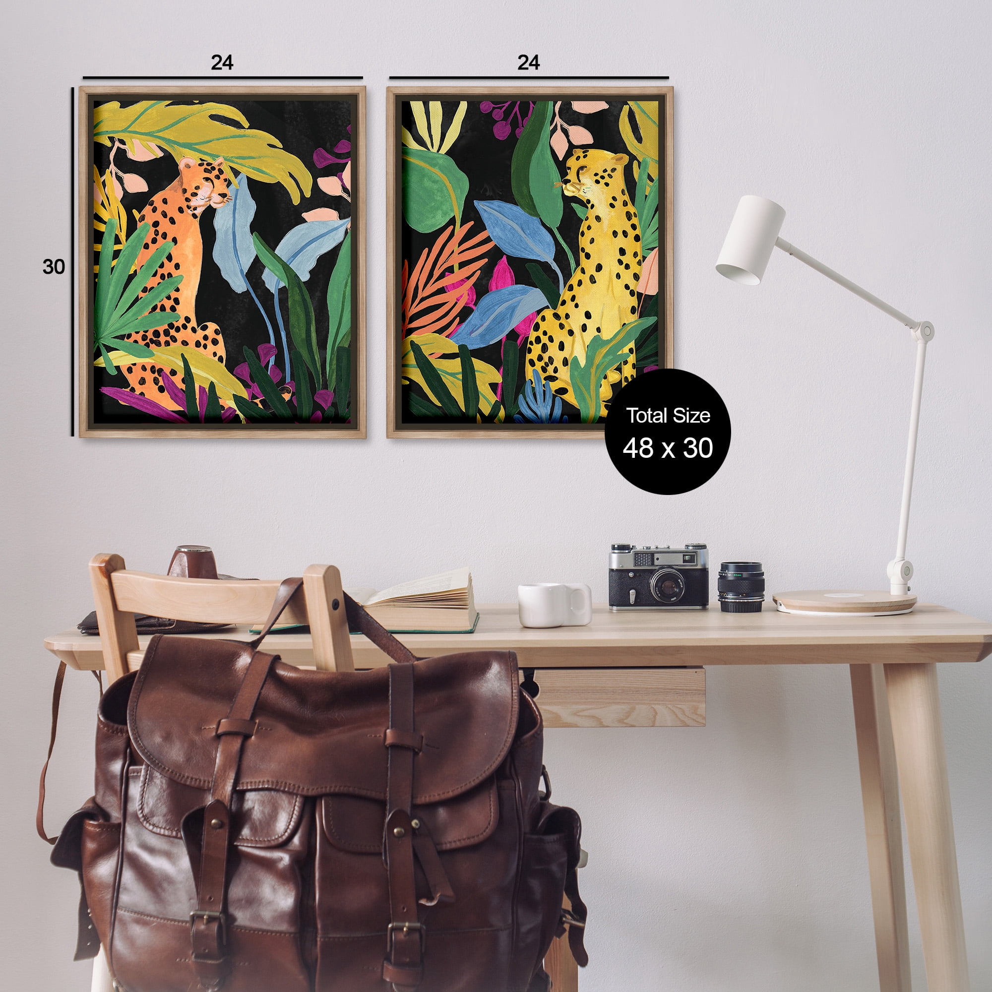 Stupell Industries Leopards & Tropical Leaves Animals & Insects Painting Brown Floater Framed Canvas Art Print Wall Art, 25 x 31, Set of 2