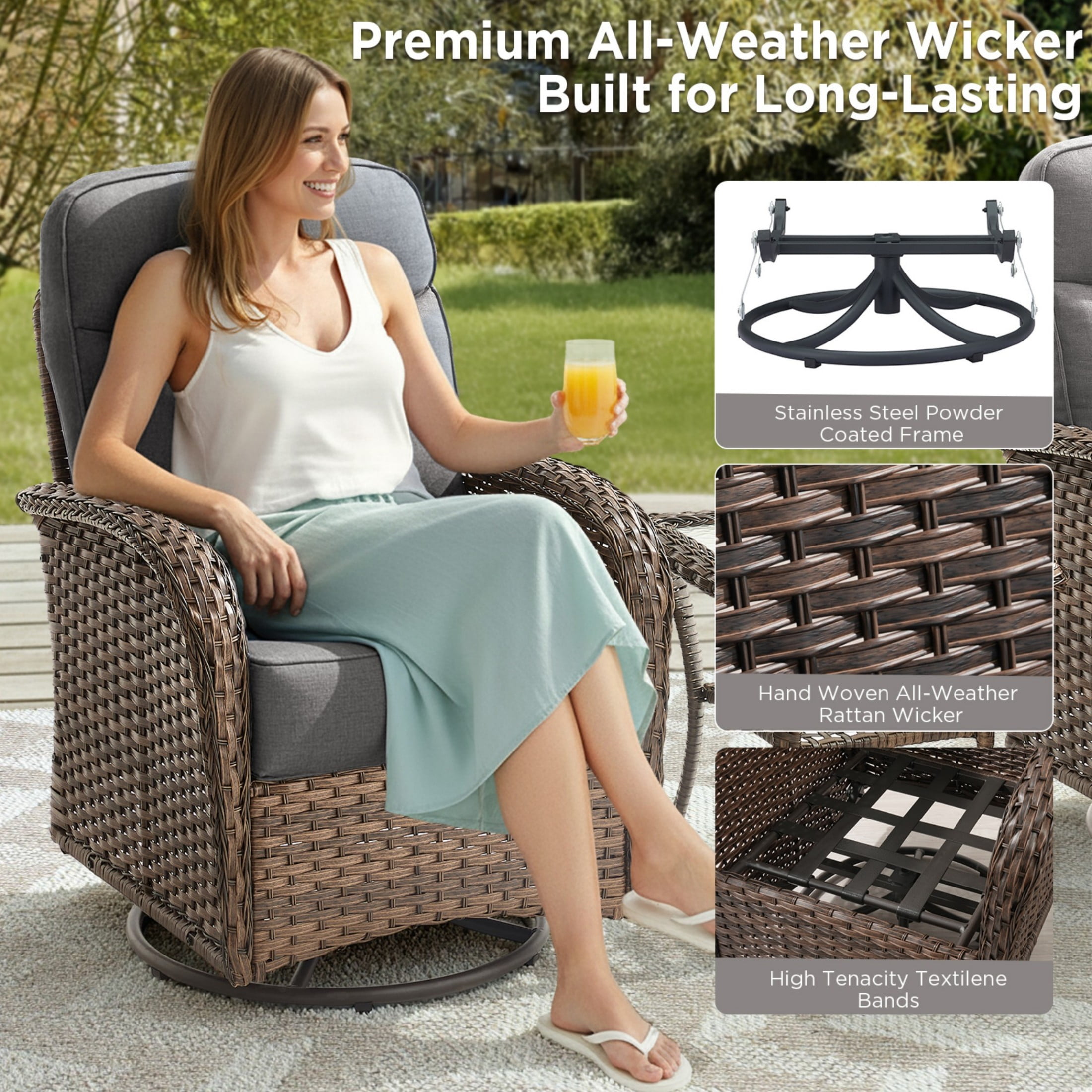 Unnifurnzi 8 Pieces Patio Furniture Set-6'' Thick Cushions Outdoor Furniture with Swivel Rocker Chairs Outdoor Couch and Coffee Table Wicker Patio Furniture for Deck Porch Garden Poolside-Brown/Gray
