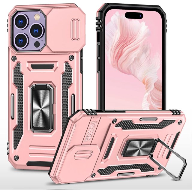 Funda para iPhone 14 Pro Max, funda para mujer con tapa deslizante y soporte, a prueba de golpes, TPU con textura mate, diseño híbrido para iPhone 14 Pro Max (oro rosa)